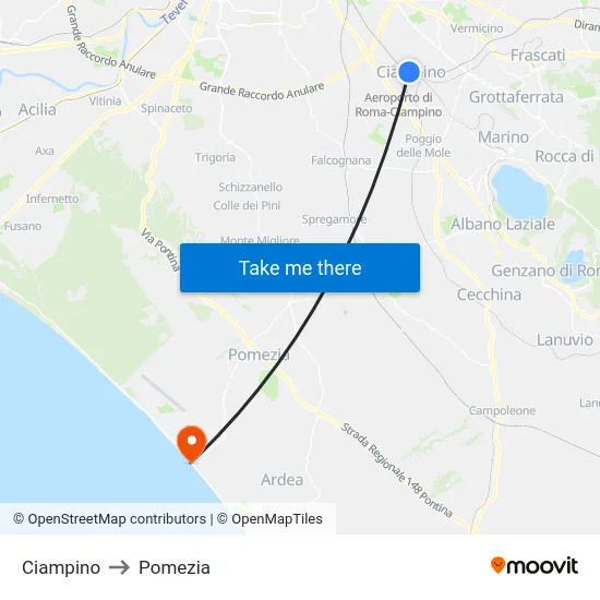 Ciampino to Pomezia map