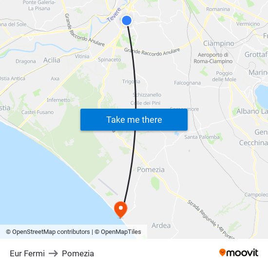 Eur Fermi to Pomezia map