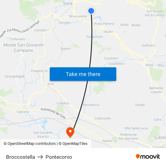 Broccostella to Pontecorvo map