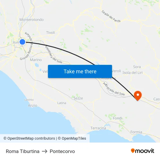 Roma Tiburtina to Pontecorvo map