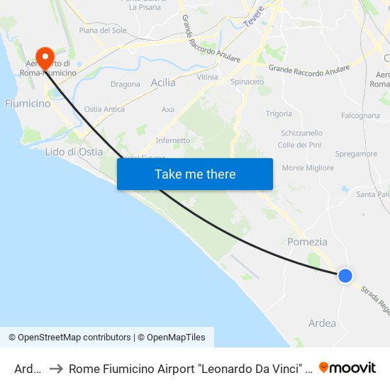 Ardea to Rome Fiumicino Airport "Leonardo Da Vinci" (Fco) map