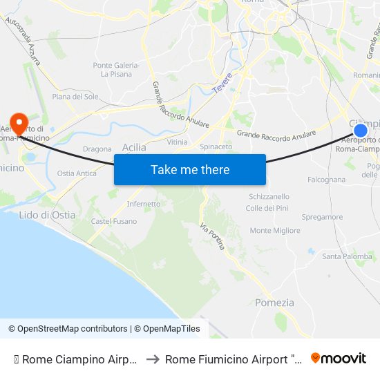 ✈ Rome Ciampino Airport "G. B. Pastine" (Cia) to Rome Fiumicino Airport "Leonardo Da Vinci" (Fco) map