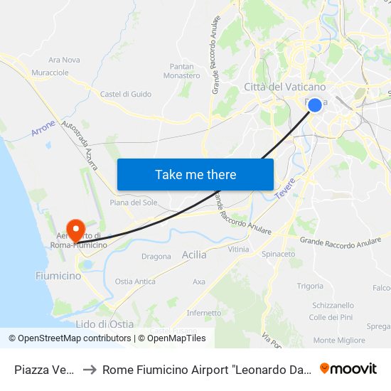 Piazza Venezia to Rome Fiumicino Airport "Leonardo Da Vinci" (Fco) map