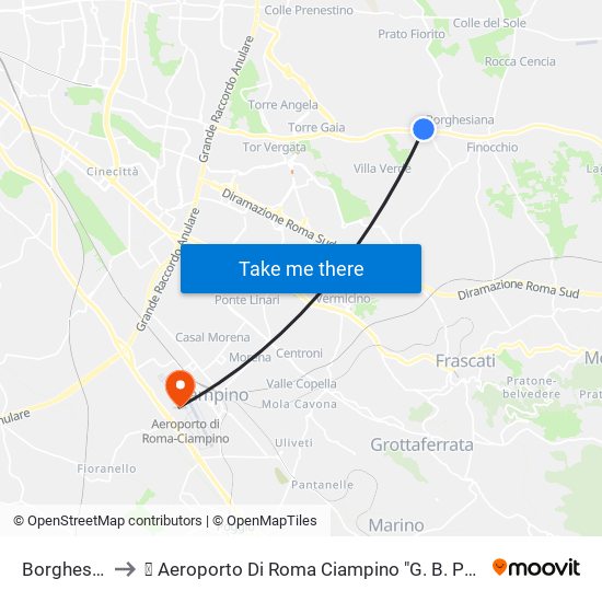 Borghesiana to ✈ Aeroporto Di Roma Ciampino "G. B. Pastine" (Cia) map