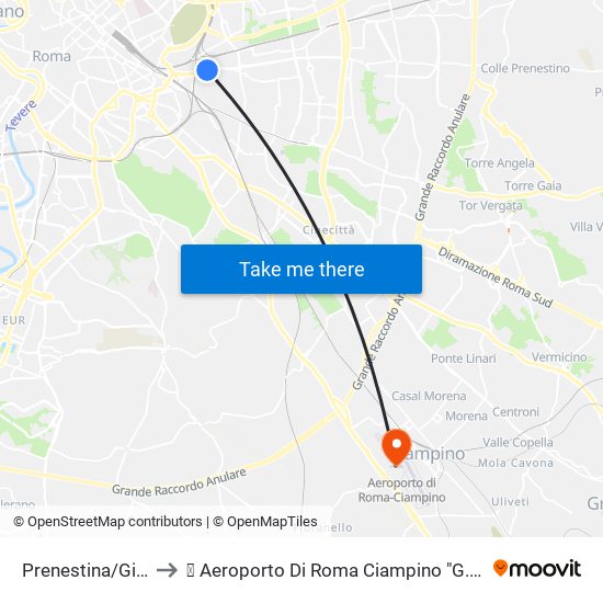 Prenestina/Giovenale to ✈ Aeroporto Di Roma Ciampino "G. B. Pastine" (Cia) map