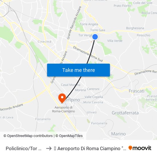 Policlinico/Tor Vergata (H) to ✈ Aeroporto Di Roma Ciampino "G. B. Pastine" (Cia) map