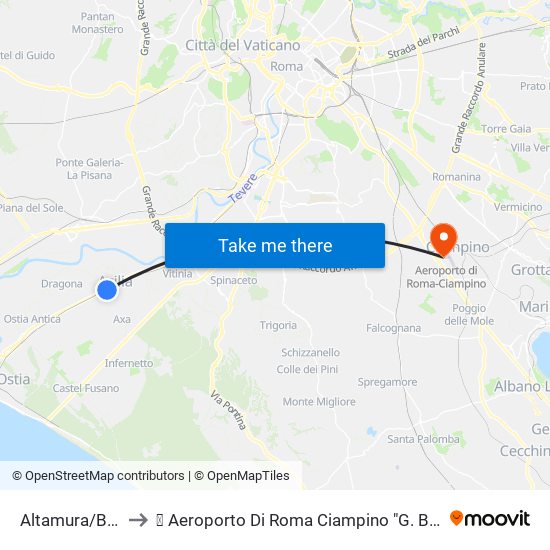 Altamura/Bertolla to ✈ Aeroporto Di Roma Ciampino "G. B. Pastine" (Cia) map