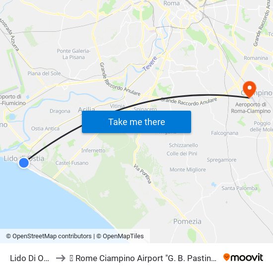 Lido Di Ostia to ✈ Rome Ciampino Airport "G. B. Pastine" (Cia) map