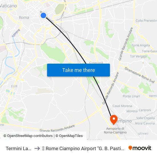 Termini Laziali to ✈ Rome Ciampino Airport "G. B. Pastine" (Cia) map