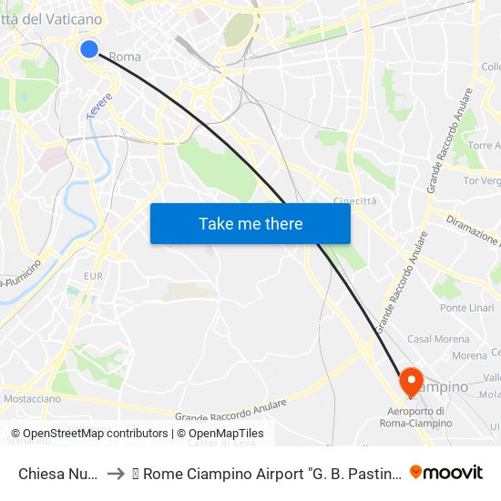 Chiesa Nuova to ✈ Rome Ciampino Airport "G. B. Pastine" (Cia) map