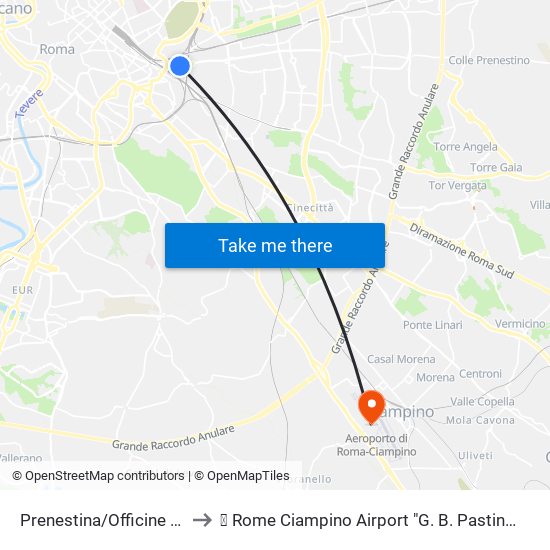 Prenestina/Officine Atac to ✈ Rome Ciampino Airport "G. B. Pastine" (Cia) map