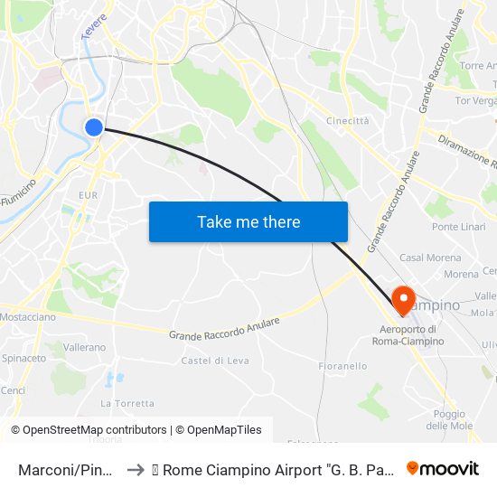 Marconi/Pincherle to ✈ Rome Ciampino Airport "G. B. Pastine" (Cia) map