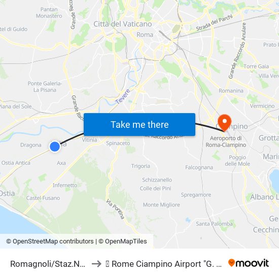 Romagnoli/Staz.Ne Acilia (Rl) to ✈ Rome Ciampino Airport "G. B. Pastine" (Cia) map