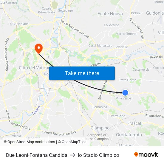 Due Leoni-Fontana Candida to lo Stadio Olimpico map