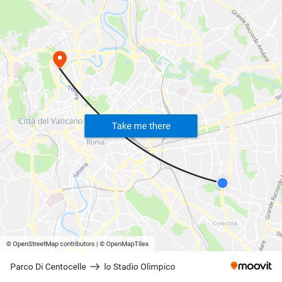 Parco Di Centocelle to lo Stadio Olimpico map