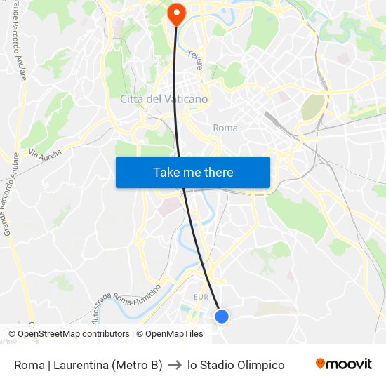 Roma | Laurentina (Metro B) to lo Stadio Olimpico map