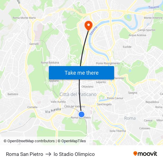 Roma San Pietro to lo Stadio Olimpico map