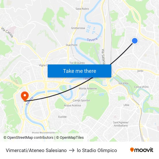 Vimercati/Ateneo Salesiano to lo Stadio Olimpico map