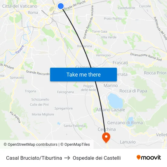 Casal Bruciato/Tiburtina to Ospedale dei Castelli map