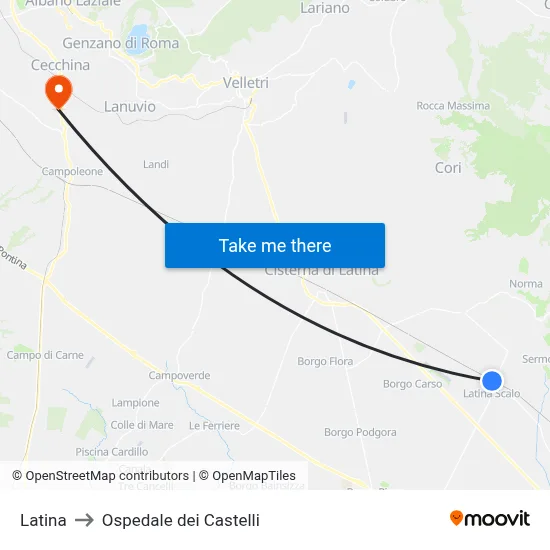 Latina to Castelli Hospital map