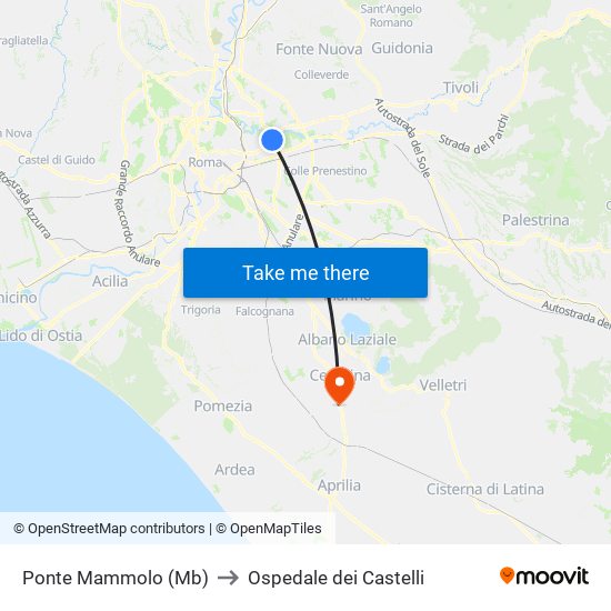 Ponte Mammolo (Mb) to Ospedale dei Castelli map