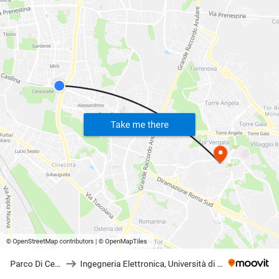 Parco Di Centocelle to Ingegneria Elettronica, Università di Roma Tor Vergata map