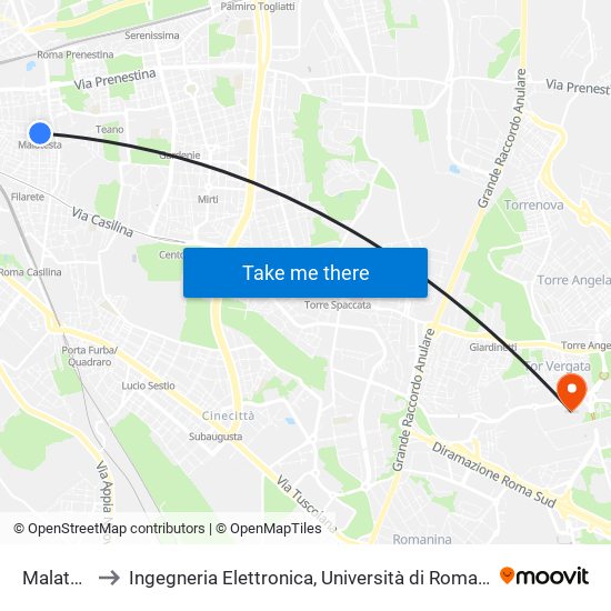 Malatesta to Ingegneria Elettronica, Università di Roma Tor Vergata map