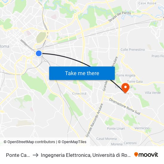 Ponte Casilino to Ingegneria Elettronica, Università di Roma Tor Vergata map