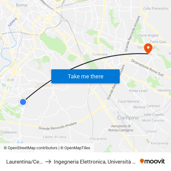 Laurentina/Cecchignola to Ingegneria Elettronica, Università di Roma Tor Vergata map