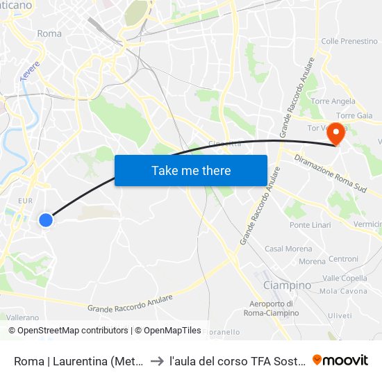 Roma | Laurentina (Metro B) to l'aula del corso TFA Sostegno map