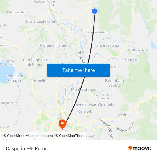 Casperia to Rome map