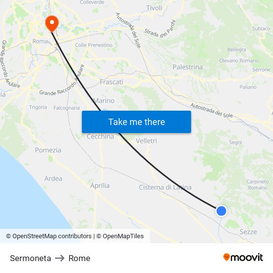 Sermoneta to Rome map