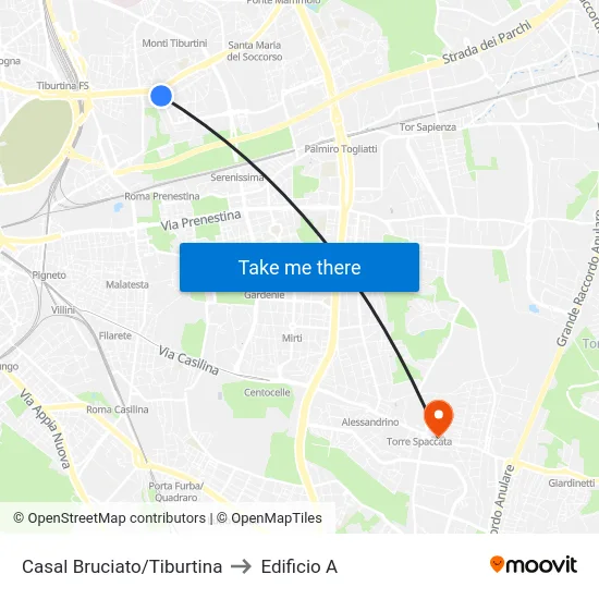 Casal Bruciato/Tiburtina to Edificio A map