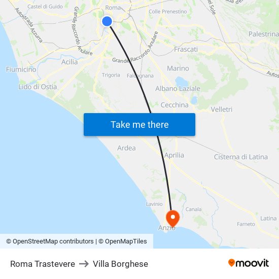 Roma Trastevere to Villa Borghese map