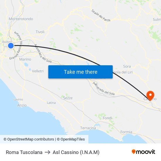 Roma Tuscolana to Asl Cassino (I.N.A.M) map