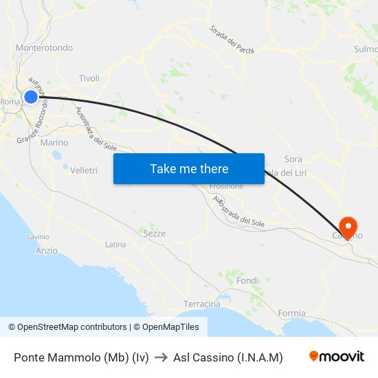 Ponte Mammolo (Mb) (Iv) to Asl Cassino (I.N.A.M) map