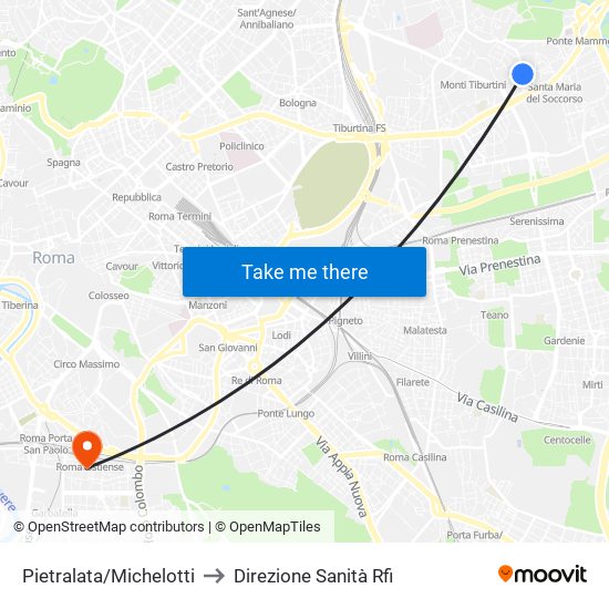 Pietralata/Michelotti to Direzione Sanità Rfi map