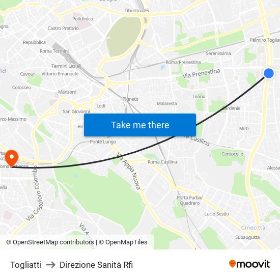 Togliatti to Direzione Sanità Rfi map