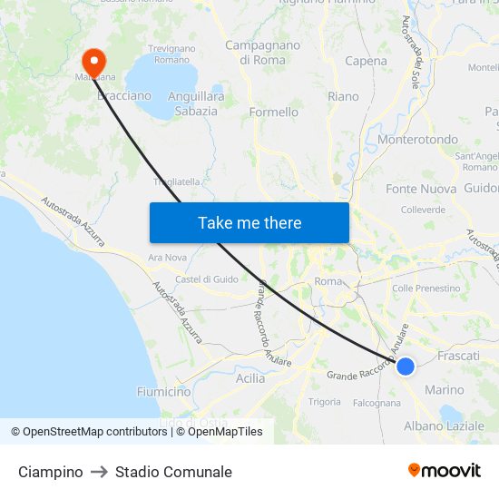 Ciampino to Stadio Comunale map