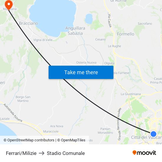 Ferrari/Milizie to Stadio Comunale map