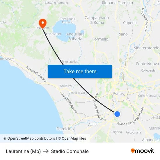 Laurentina (Mb) to Stadio Comunale map