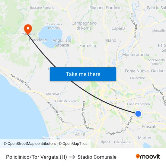 Policlinico/Tor Vergata (H) to Stadio Comunale map