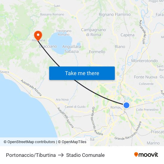 Portonaccio/Tiburtina to Stadio Comunale map