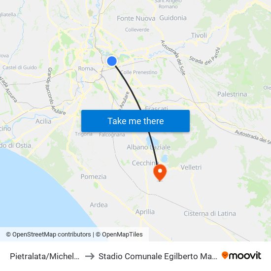 Pietralata/Michelotti to Stadio Comunale Egilberto Martufi map