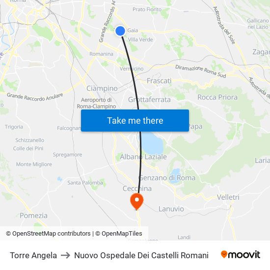 Torre Angela to Nuovo Ospedale Dei Castelli Romani map