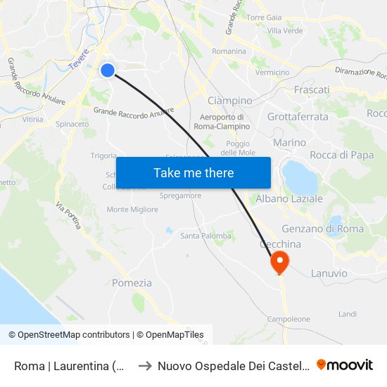 Roma | Laurentina (Metro B) to Nuovo Ospedale Dei Castelli Romani map