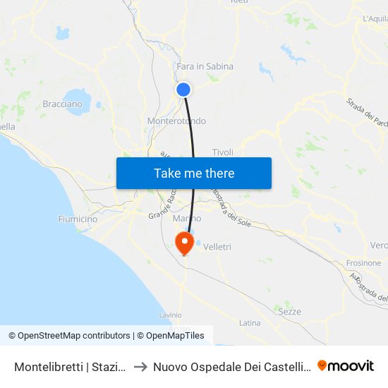 Montelibretti | Stazione FS to Nuovo Ospedale Dei Castelli Romani map