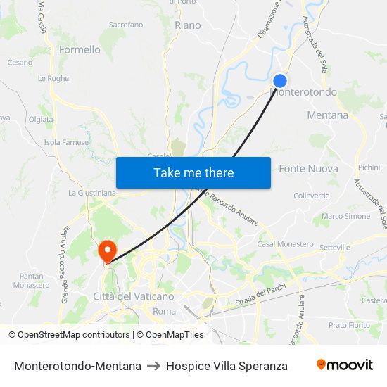 Monterotondo-Mentana to Hospice Villa Speranza map