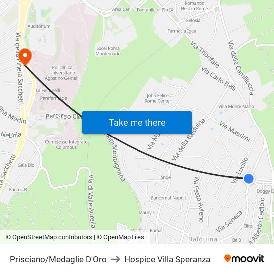 Prisciano/Medaglie D'Oro to Hospice Villa Speranza map