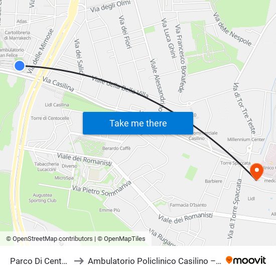Parco Di Centocelle to Ambulatorio Policlinico Casilino – Edificio D map